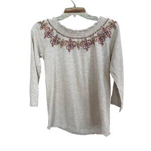 Women's Orvis Fall Autumn Cream Embroidered Scoop Neck 3/4 Sleeve Top Size XS